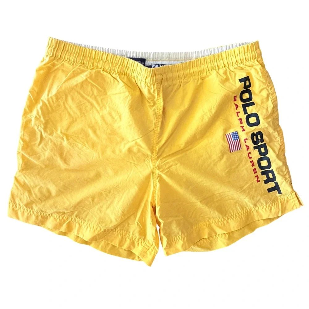 Polo Sport Ralph Lauren Yellow Nylon Swim Trunks Men Large Vintage Shorts